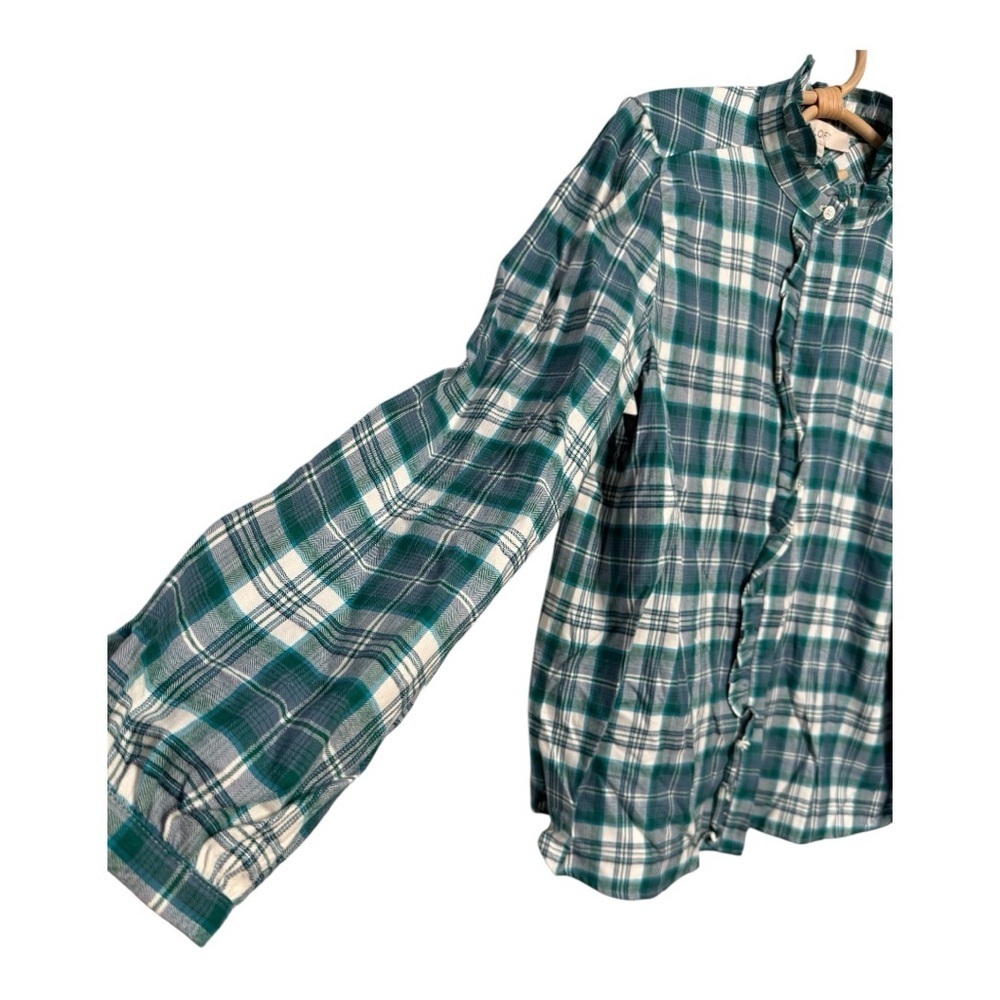 LOFT Green Plaid Ruffle High Neck Ruffle Front Button Down Shirt NEW Size Large - Picture 4 of 16